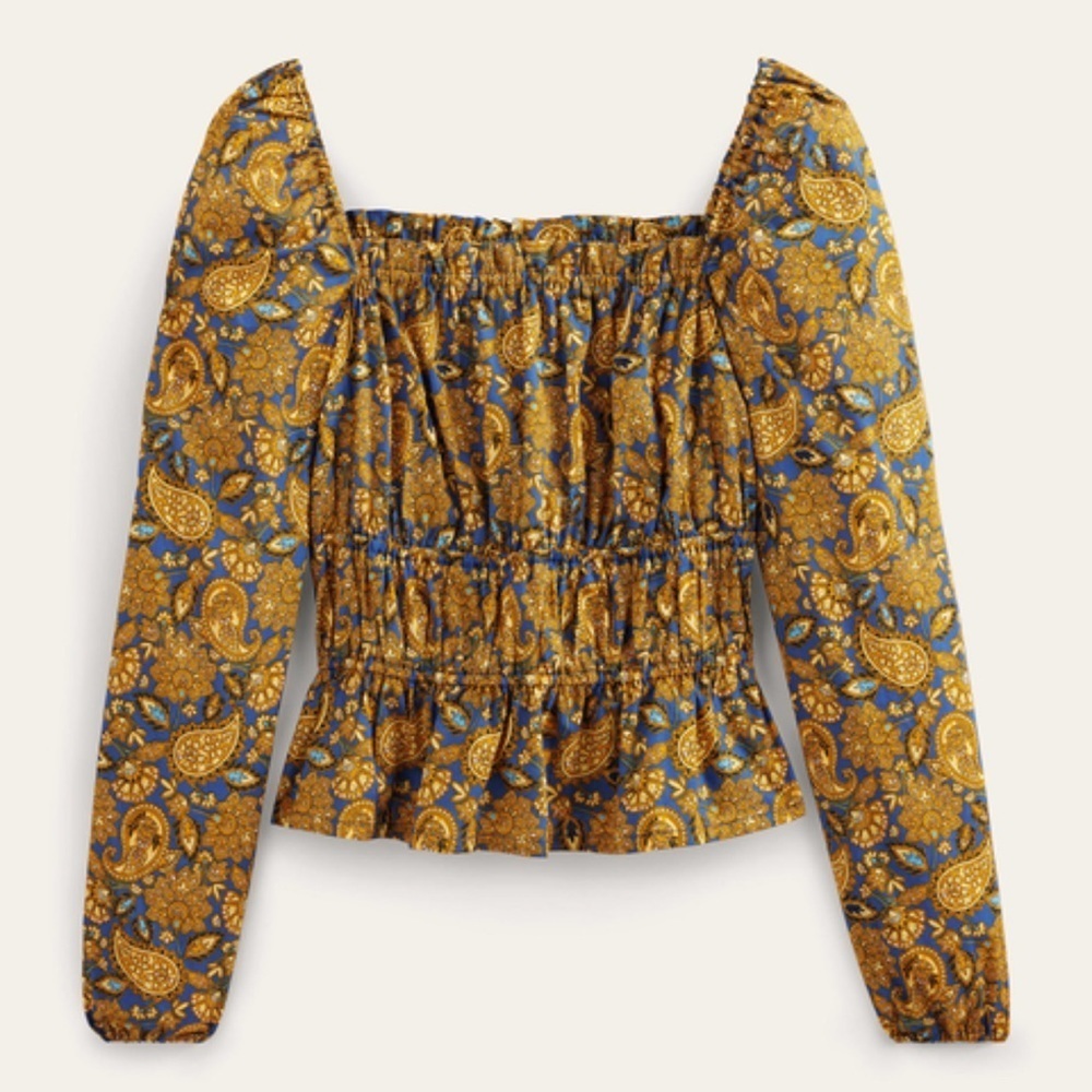 Boden Women's NWOT Blue & Gold Paisley Ruched Waist Peplum Top Sz 6